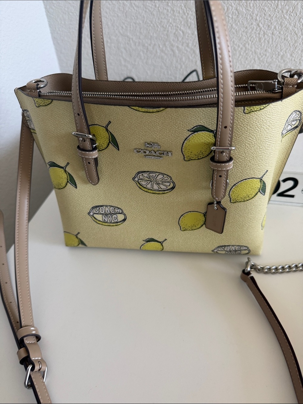 Coach Yellow Lemon Print Mini Tote with Taupe Trim